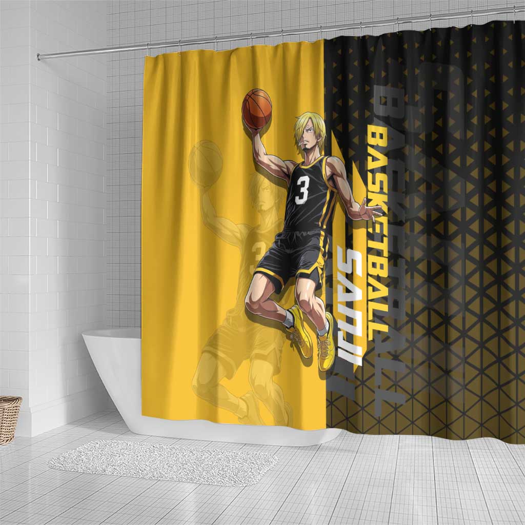 Sanji One Piece Basketball Theme Yellow and Black Design Shower Curtain with Pirate Chef Logo and Jump Shot Pose - The Mazicc