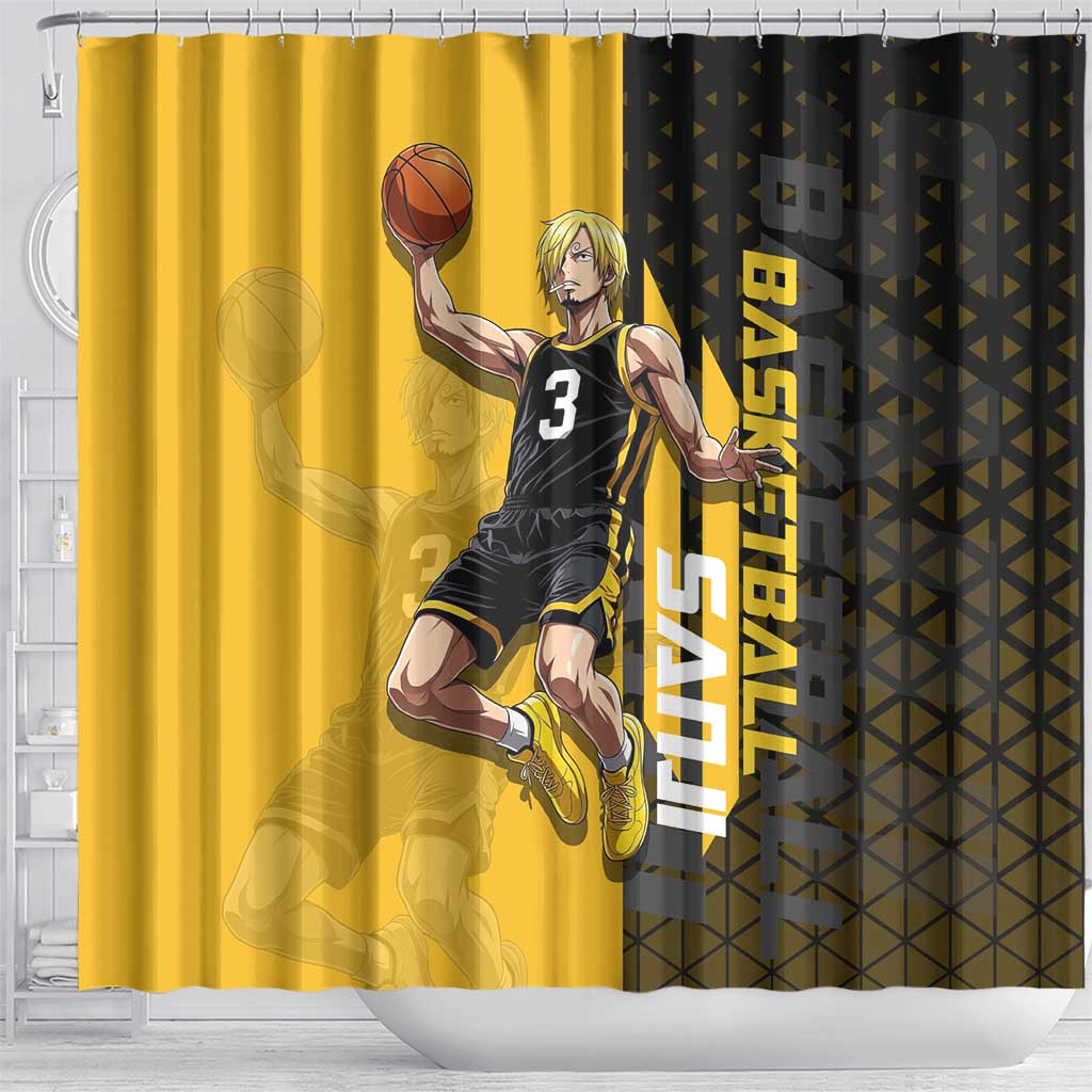 Sanji One Piece Basketball Theme Yellow and Black Design Shower Curtain with Pirate Chef Logo and Jump Shot Pose - The Mazicc