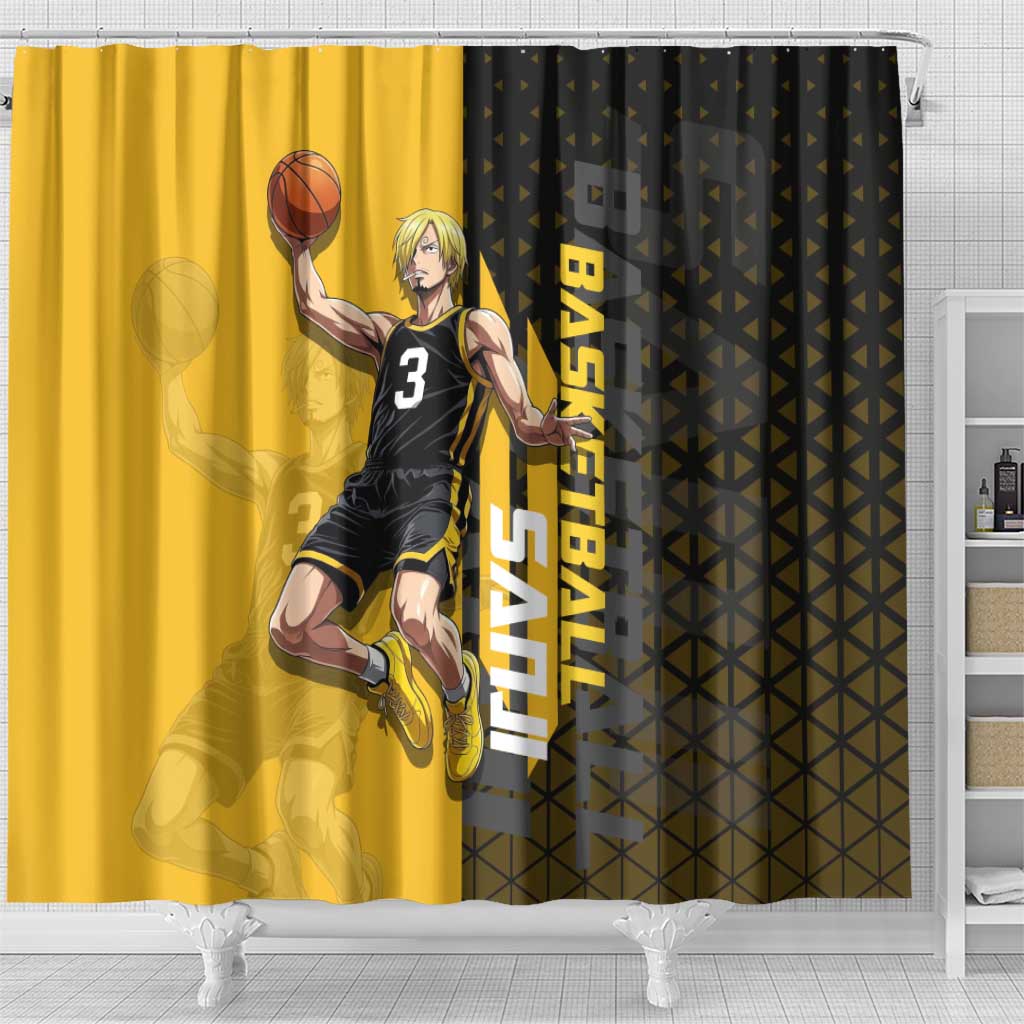Sanji One Piece Basketball Theme Yellow and Black Design Shower Curtain with Pirate Chef Logo and Jump Shot Pose - The Mazicc