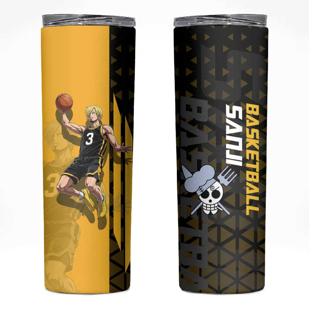 Sanji One Piece Basketball Theme Yellow and Black Design Skinny Tumbler with Pirate Chef Logo and Jump Shot Pose - The Mazicc