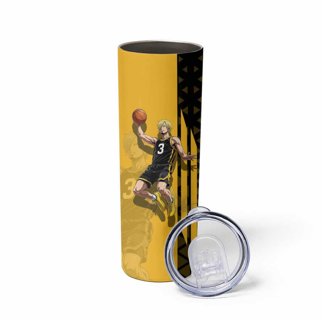 Sanji One Piece Basketball Theme Yellow and Black Design Skinny Tumbler with Pirate Chef Logo and Jump Shot Pose - The Mazicc