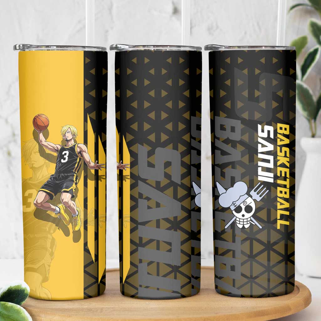 Sanji One Piece Basketball Theme Yellow and Black Design Skinny Tumbler with Pirate Chef Logo and Jump Shot Pose - The Mazicc