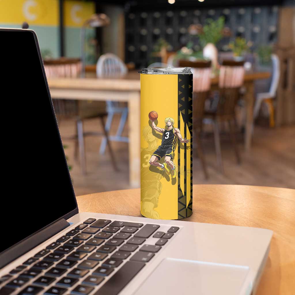Sanji One Piece Basketball Theme Yellow and Black Design Skinny Tumbler with Pirate Chef Logo and Jump Shot Pose - The Mazicc