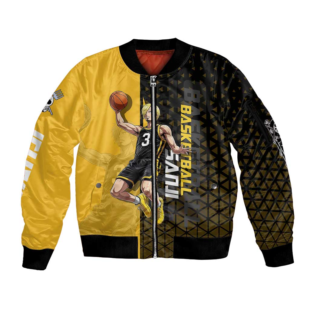 Sanji One Piece Basketball Theme Yellow and Black Design Sleeve Zip Bomber Jacket with Pirate Chef Logo and Jump Shot Pose - The Mazicc
