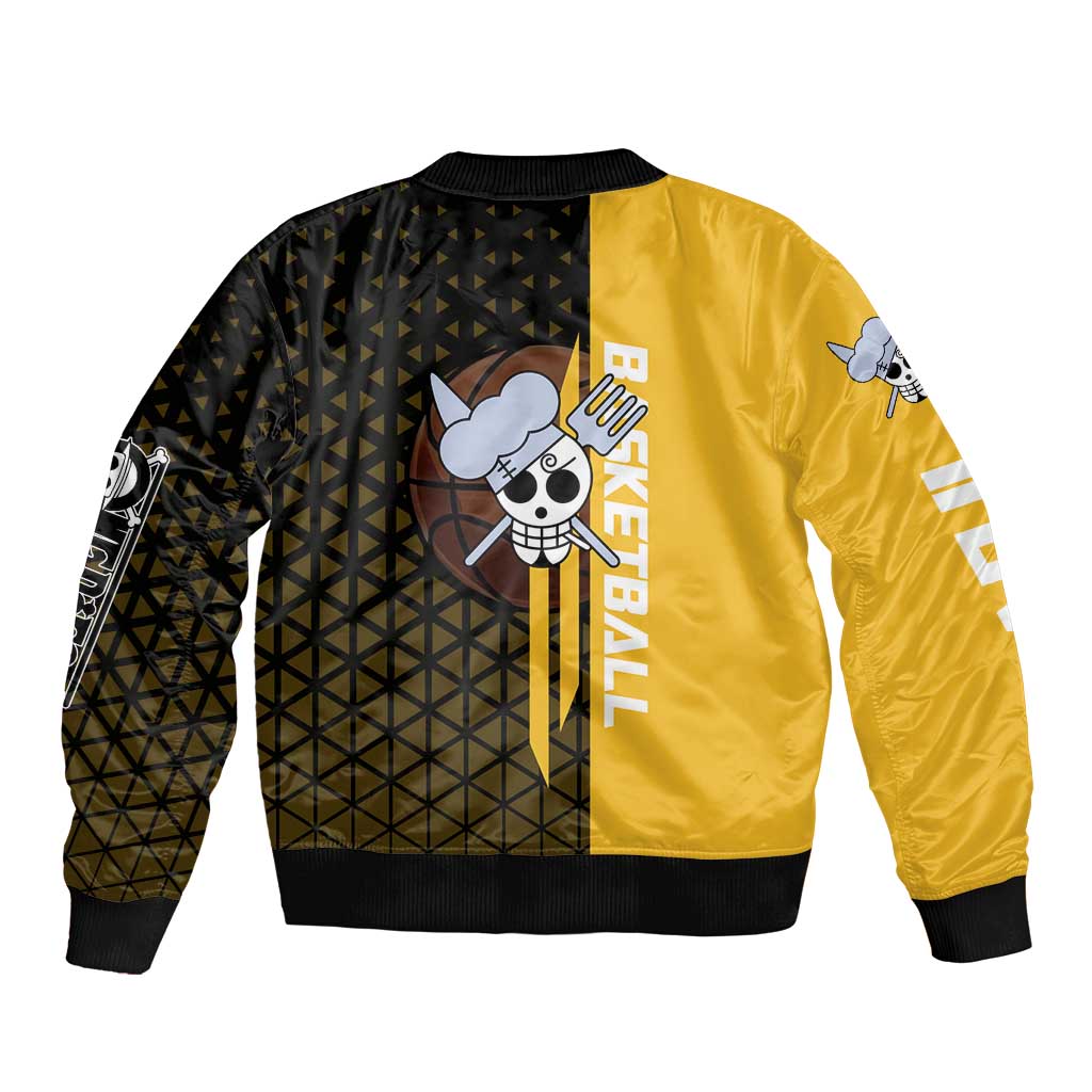 Sanji One Piece Basketball Theme Yellow and Black Design Sleeve Zip Bomber Jacket with Pirate Chef Logo and Jump Shot Pose - The Mazicc