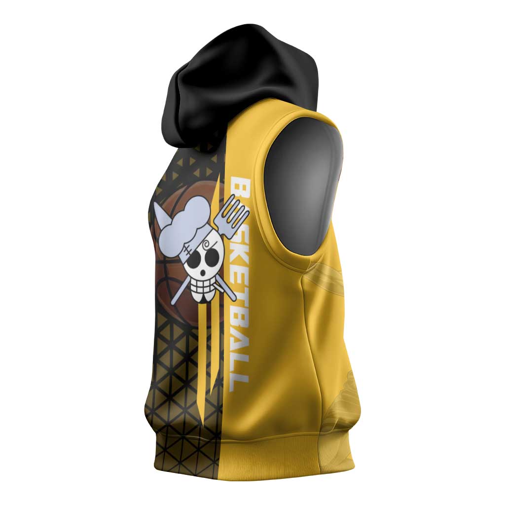 Sanji One Piece Basketball Theme Yellow and Black Design Sleeveless Hoodie with Pirate Chef Logo and Jump Shot Pose - The Mazicc