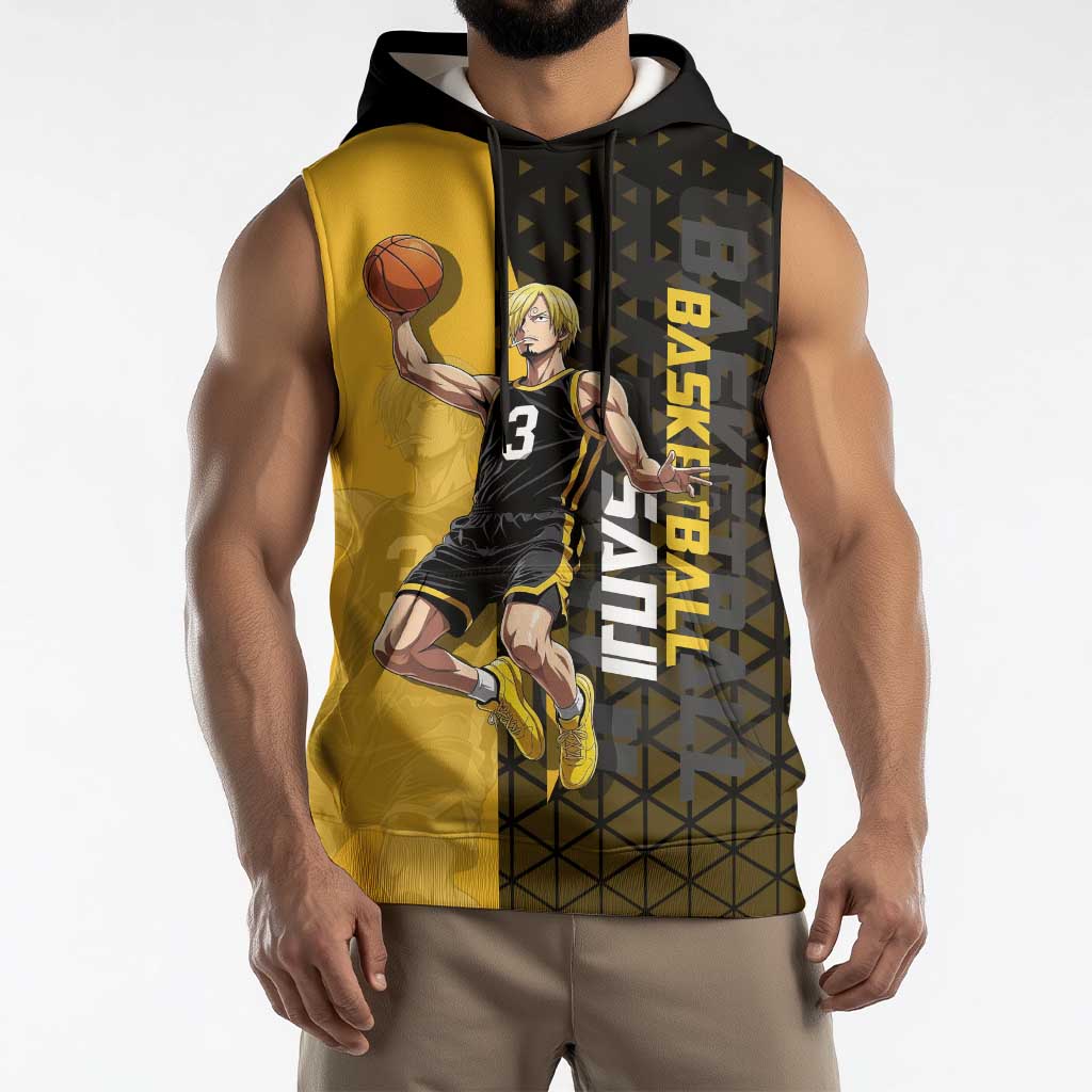 Sanji One Piece Basketball Theme Yellow and Black Design Sleeveless Hoodie with Pirate Chef Logo and Jump Shot Pose - The Mazicc