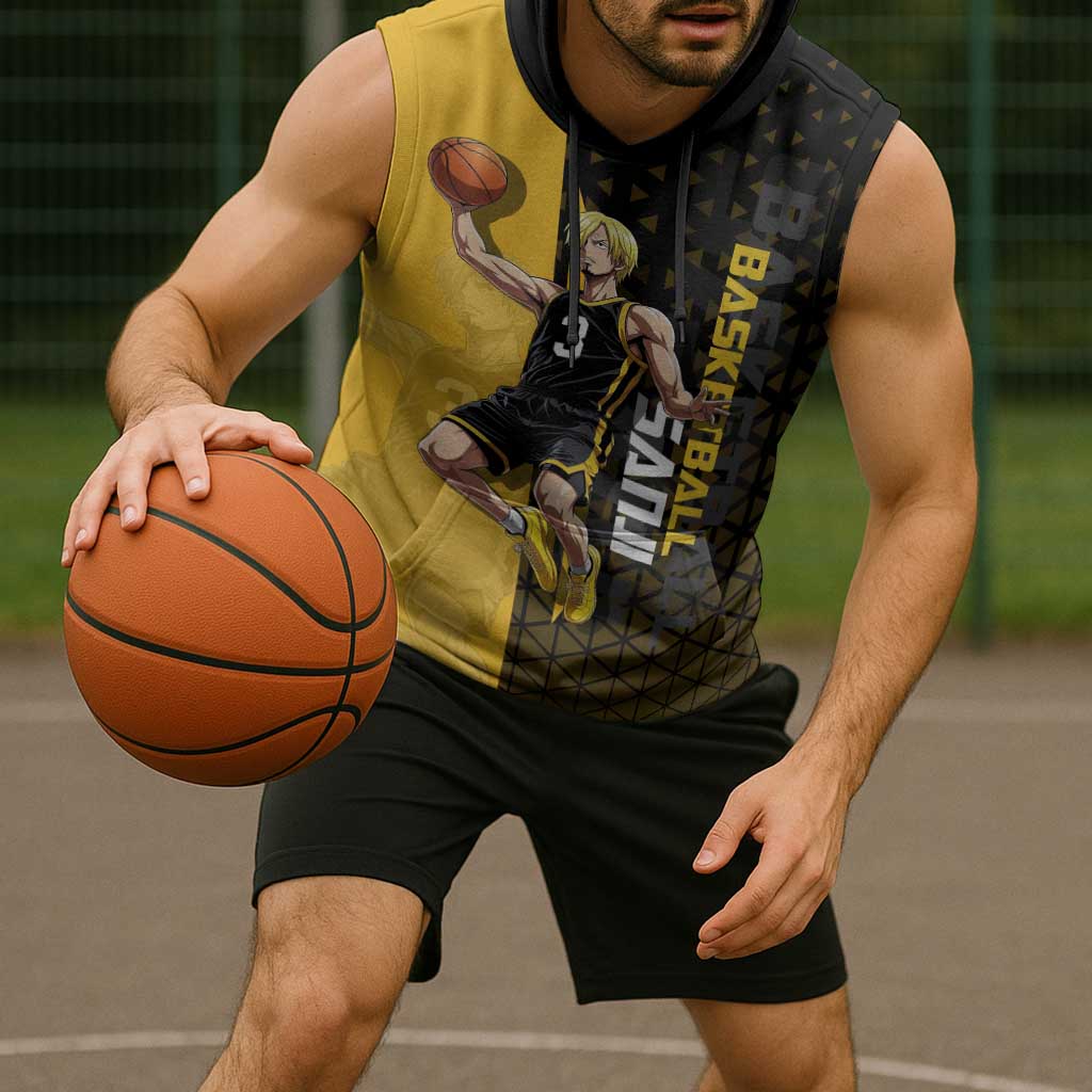 Sanji One Piece Basketball Theme Yellow and Black Design Sleeveless Hoodie with Pirate Chef Logo and Jump Shot Pose - The Mazicc