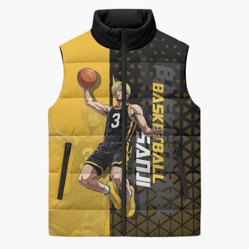 Sanji One Piece Basketball Theme Yellow and Black Design Sleeveless Puffer Jacket with Pirate Chef Logo and Jump Shot Pose - The Mazicc
