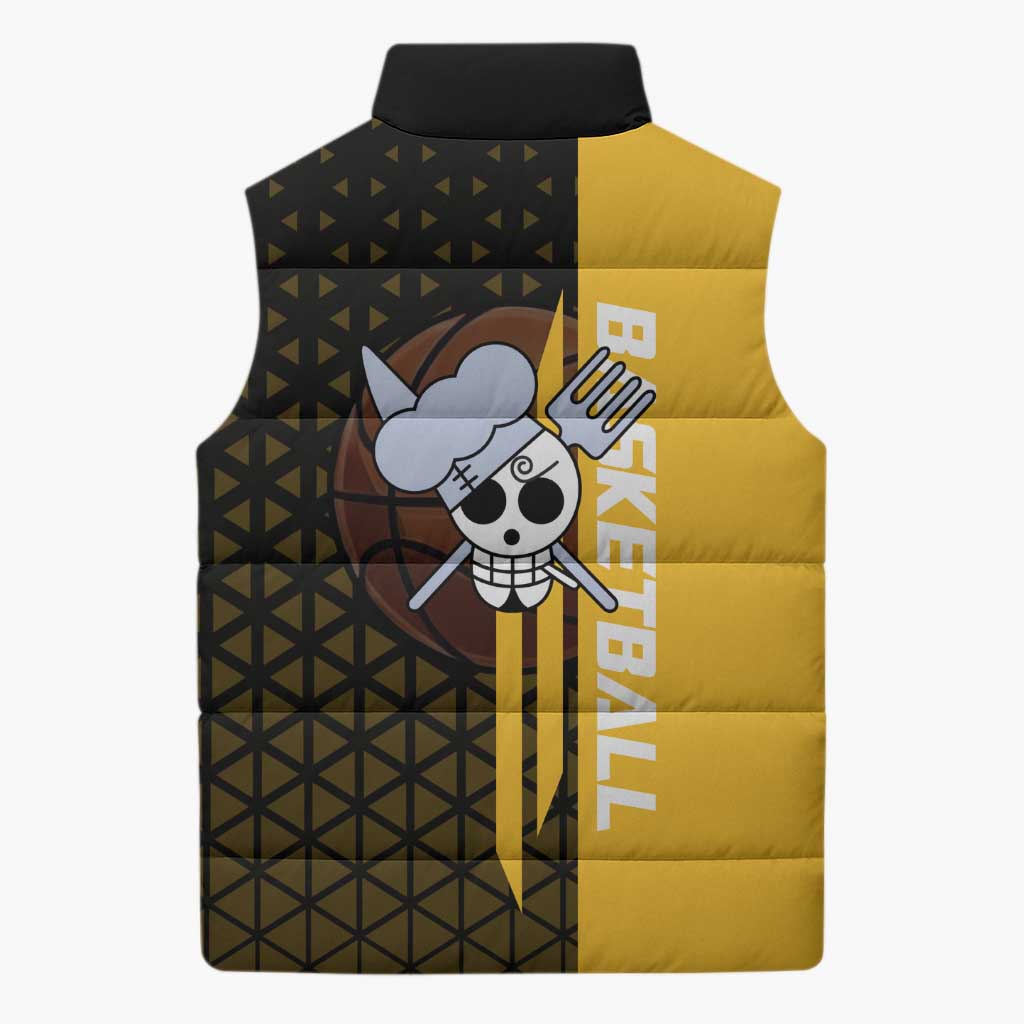 Sanji One Piece Basketball Theme Yellow and Black Design Sleeveless Puffer Jacket with Pirate Chef Logo and Jump Shot Pose - The Mazicc