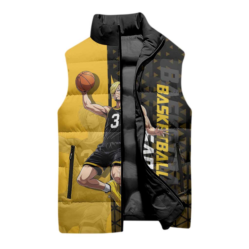 Sanji One Piece Basketball Theme Yellow and Black Design Sleeveless Puffer Jacket with Pirate Chef Logo and Jump Shot Pose - The Mazicc
