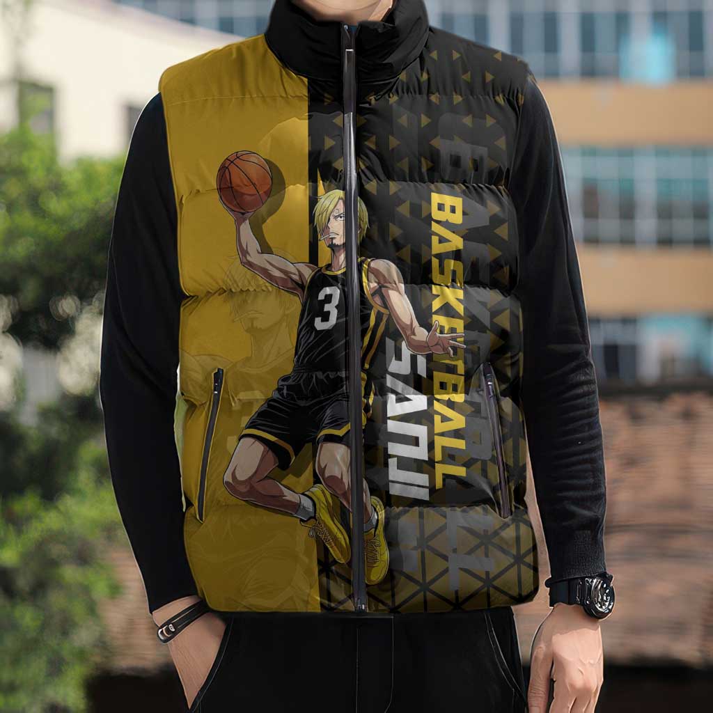 Sanji One Piece Basketball Theme Yellow and Black Design Sleeveless Puffer Jacket with Pirate Chef Logo and Jump Shot Pose - The Mazicc