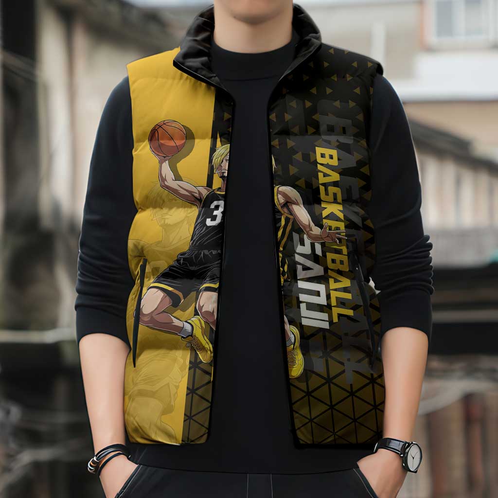 Sanji One Piece Basketball Theme Yellow and Black Design Sleeveless Puffer Jacket with Pirate Chef Logo and Jump Shot Pose - The Mazicc