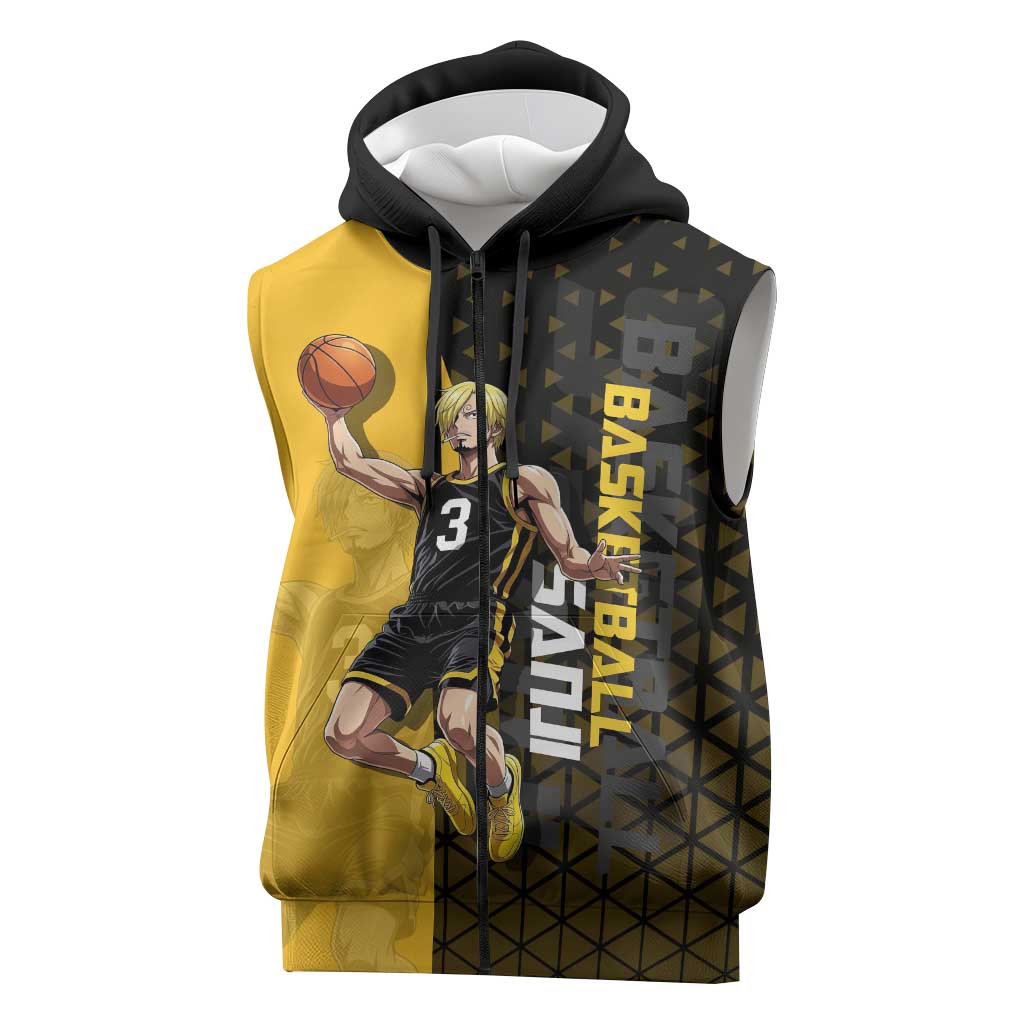 Sanji One Piece Basketball Theme Yellow and Black Design Sleeveless Zip Hoodie with Pirate Chef Logo and Jump Shot Pose - The Mazicc