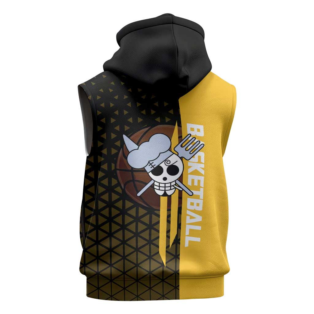 Sanji One Piece Basketball Theme Yellow and Black Design Sleeveless Zip Hoodie with Pirate Chef Logo and Jump Shot Pose - The Mazicc