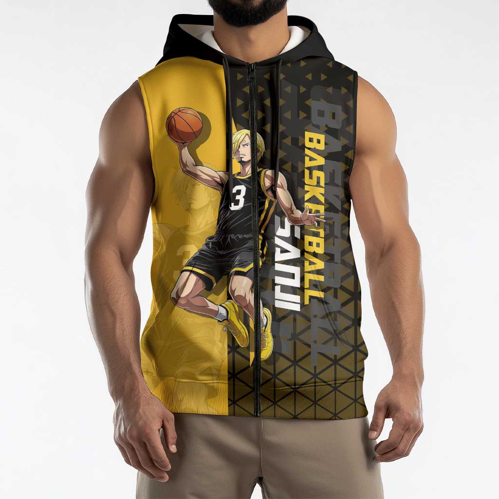 Sanji One Piece Basketball Theme Yellow and Black Design Sleeveless Zip Hoodie with Pirate Chef Logo and Jump Shot Pose - The Mazicc