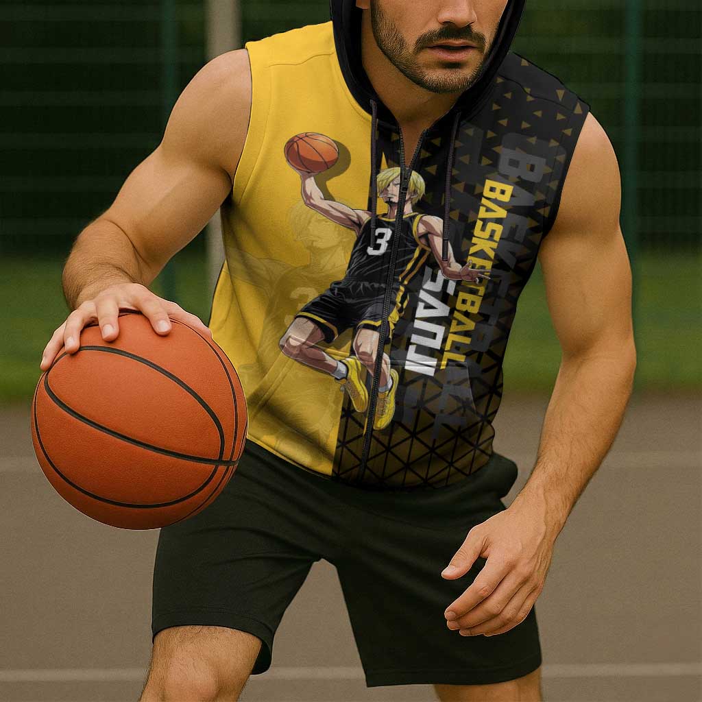 Sanji One Piece Basketball Theme Yellow and Black Design Sleeveless Zip Hoodie with Pirate Chef Logo and Jump Shot Pose - The Mazicc
