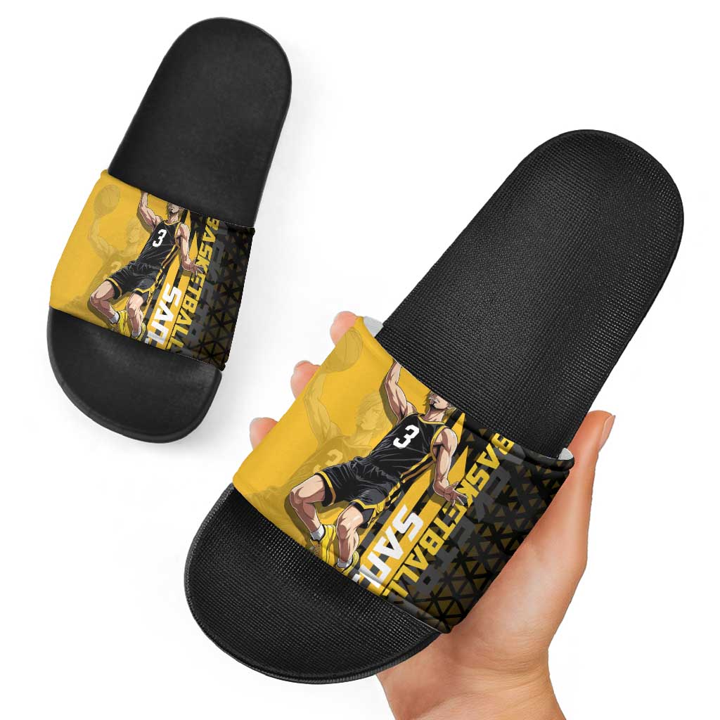 Sanji One Piece Basketball Theme Yellow and Black Design Slide Sandals with Pirate Chef Logo and Jump Shot Pose - The Mazicc