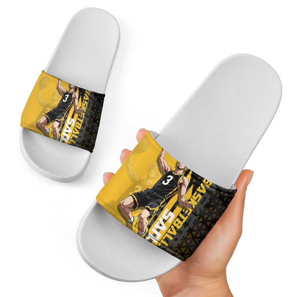 Sanji One Piece Basketball Theme Yellow and Black Design Slide Sandals with Pirate Chef Logo and Jump Shot Pose - The Mazicc