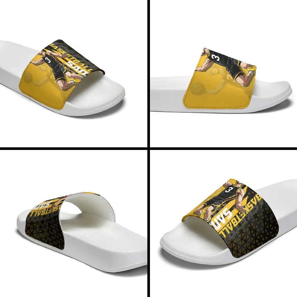Sanji One Piece Basketball Theme Yellow and Black Design Slide Sandals with Pirate Chef Logo and Jump Shot Pose - The Mazicc