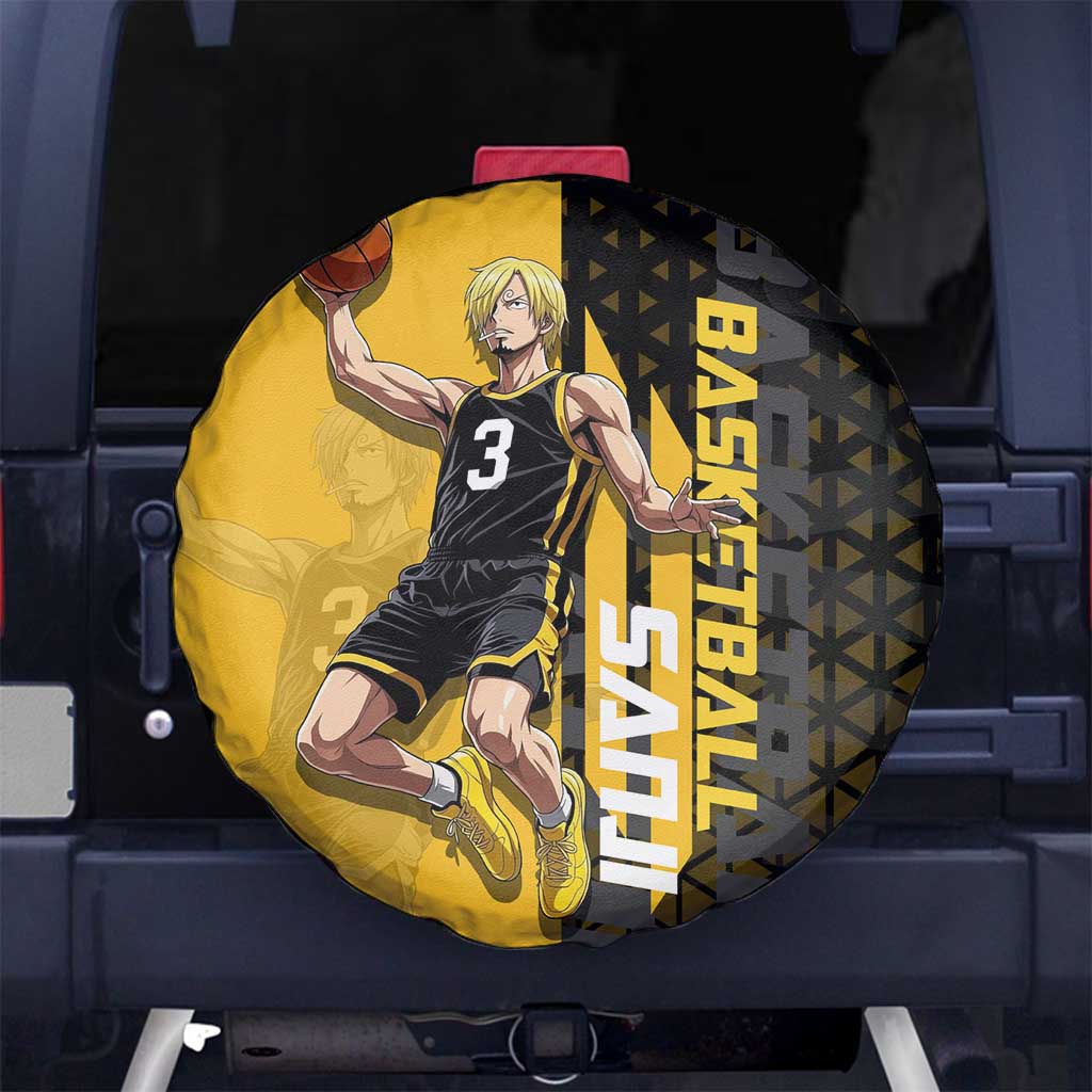 Sanji One Piece Basketball Theme Yellow and Black Design Spare Tire Cover with Pirate Chef Logo and Jump Shot Pose - The Mazicc