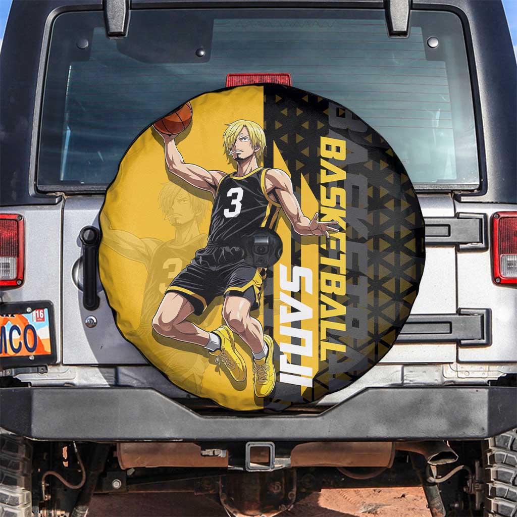 Sanji One Piece Basketball Theme Yellow and Black Design Spare Tire Cover with Pirate Chef Logo and Jump Shot Pose - The Mazicc