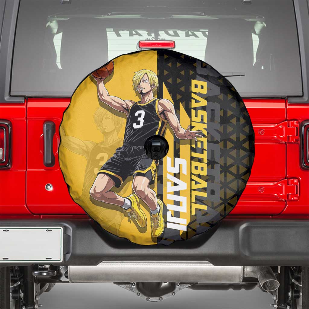 Sanji One Piece Basketball Theme Yellow and Black Design Spare Tire Cover with Pirate Chef Logo and Jump Shot Pose - The Mazicc