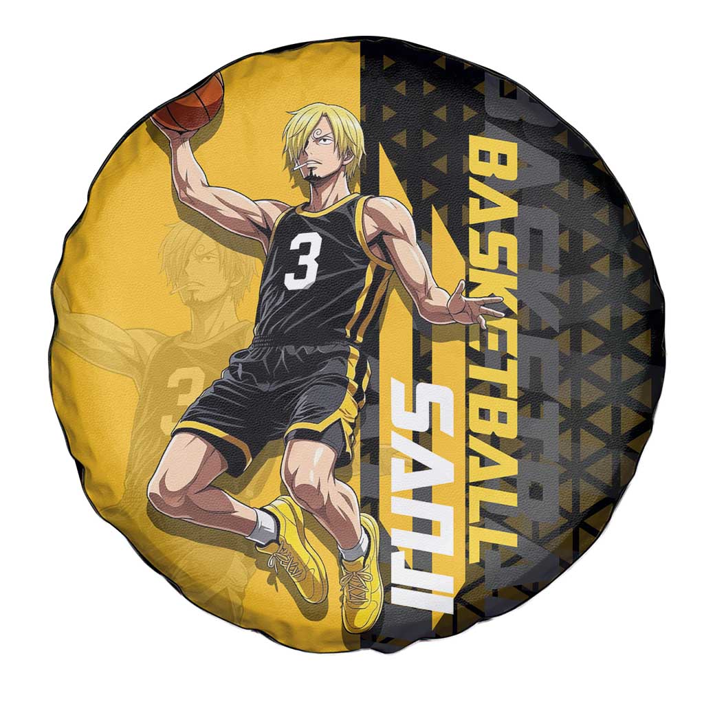 Sanji One Piece Basketball Theme Yellow and Black Design Spare Tire Cover with Pirate Chef Logo and Jump Shot Pose - The Mazicc