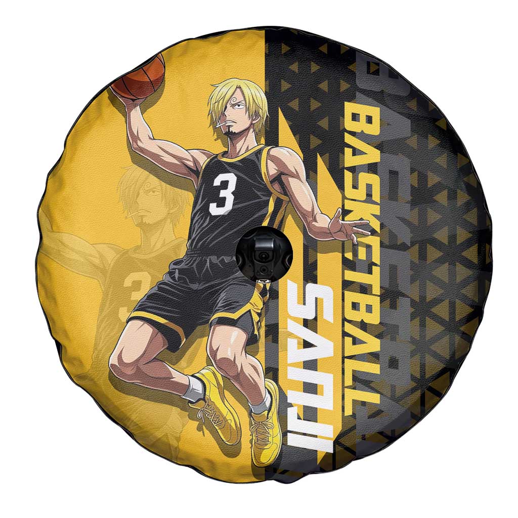 Sanji One Piece Basketball Theme Yellow and Black Design Spare Tire Cover with Pirate Chef Logo and Jump Shot Pose - The Mazicc