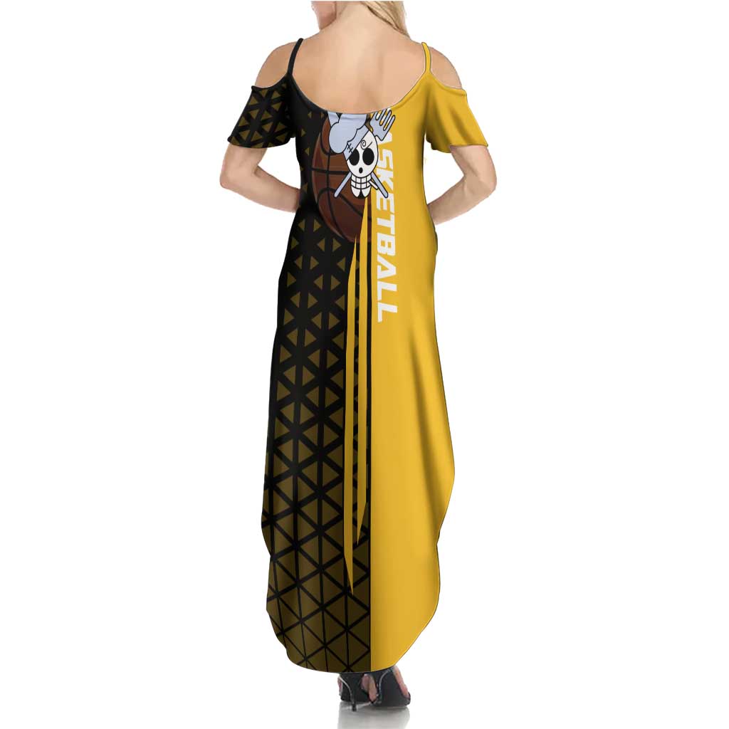 Sanji One Piece Basketball Theme Yellow and Black Design Summer Maxi Dress with Pirate Chef Logo and Jump Shot Pose - The Mazicc