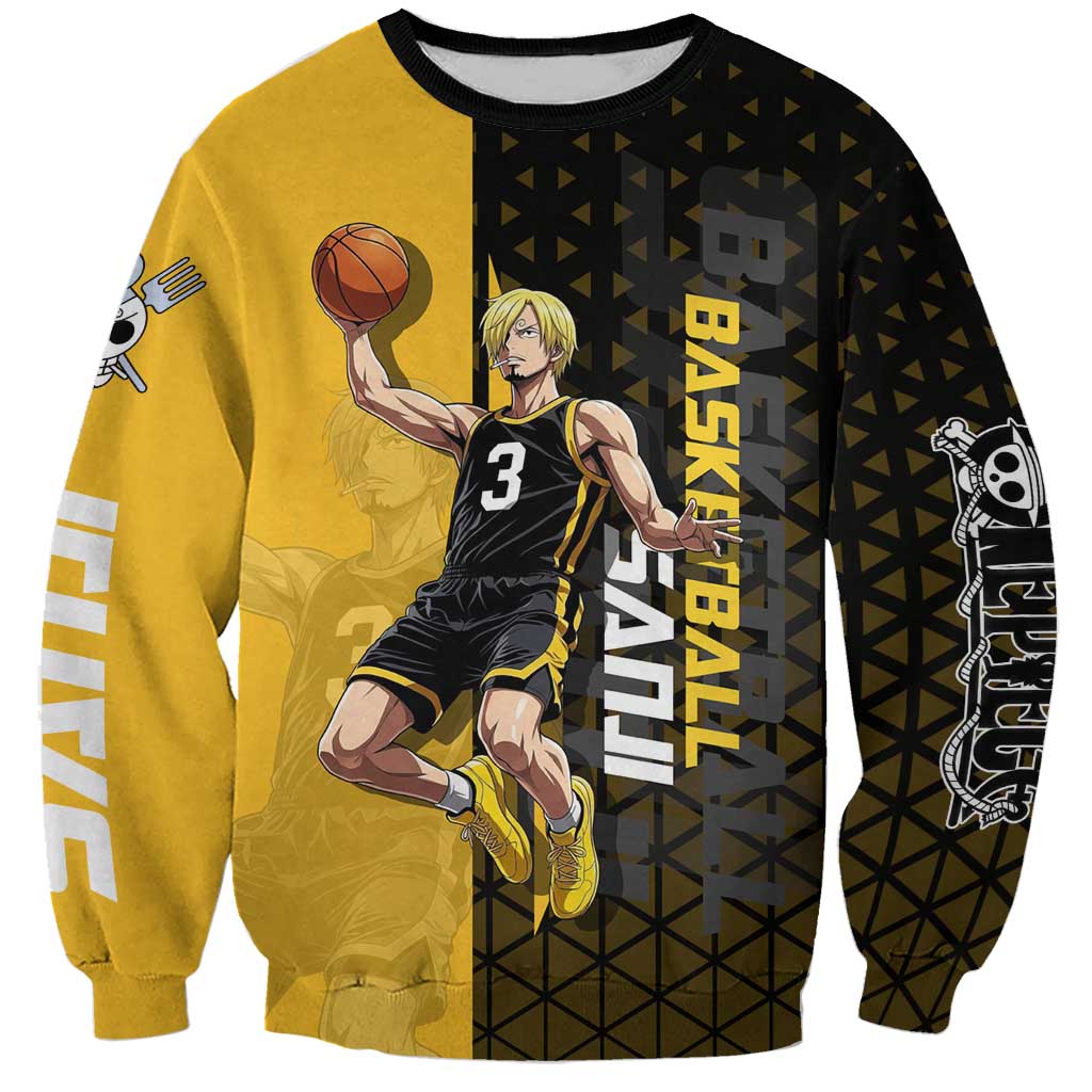 Sanji One Piece Basketball Theme Yellow and Black Design Sweatshirt with Pirate Chef Logo and Jump Shot Pose - The Mazicc