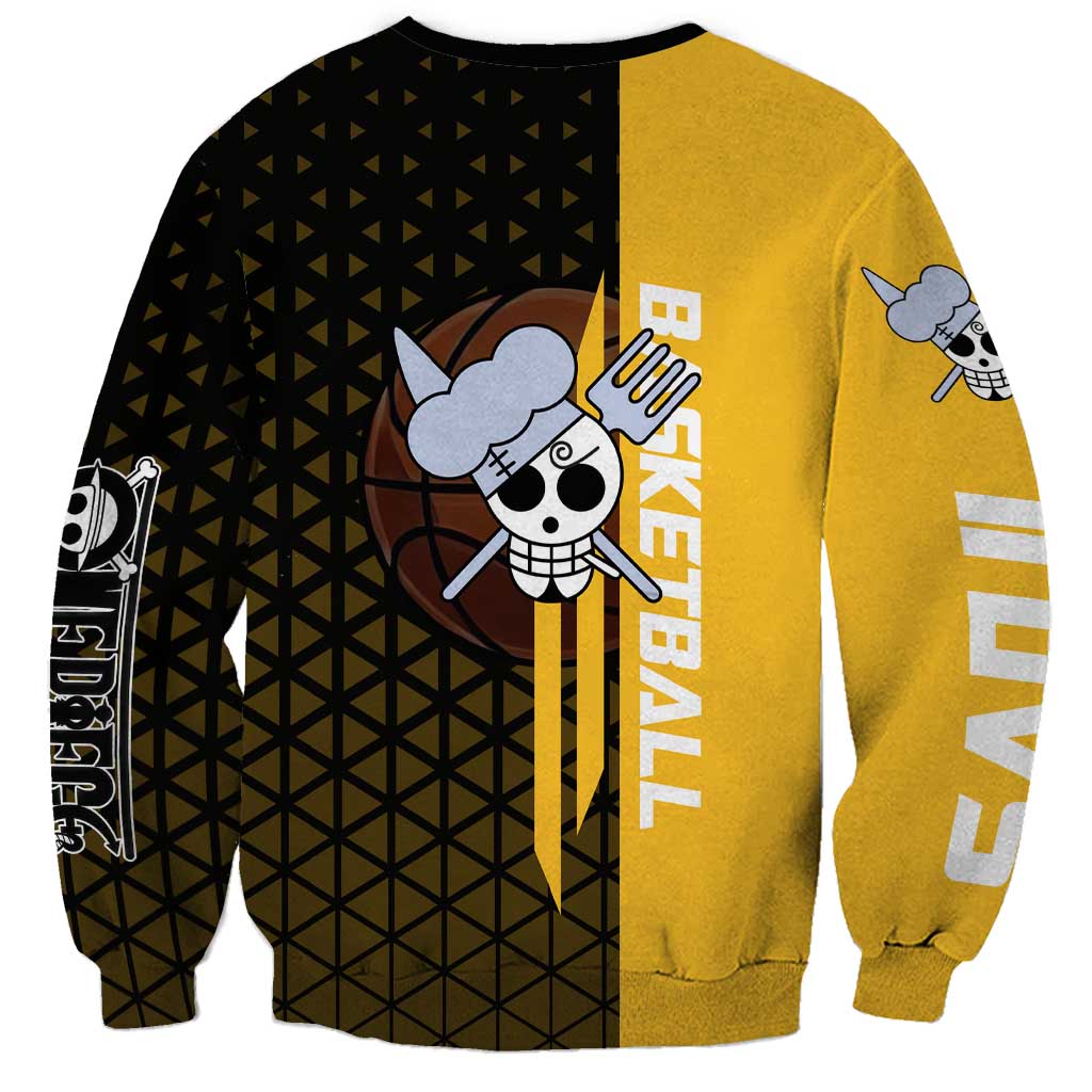 Sanji One Piece Basketball Theme Yellow and Black Design Sweatshirt with Pirate Chef Logo and Jump Shot Pose - The Mazicc