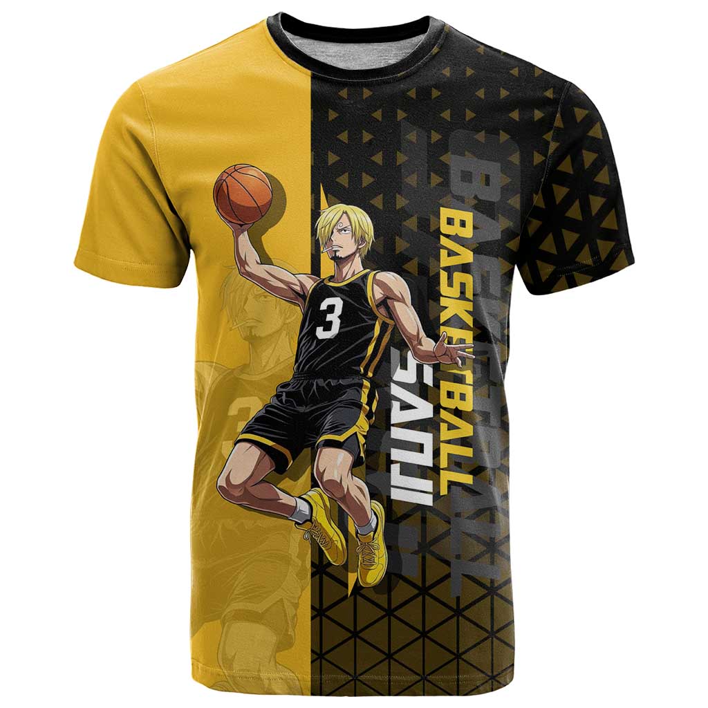 Sanji One Piece Basketball Theme Yellow and Black Design T Shirt with Pirate Chef Logo and Jump Shot Pose - The Mazicc