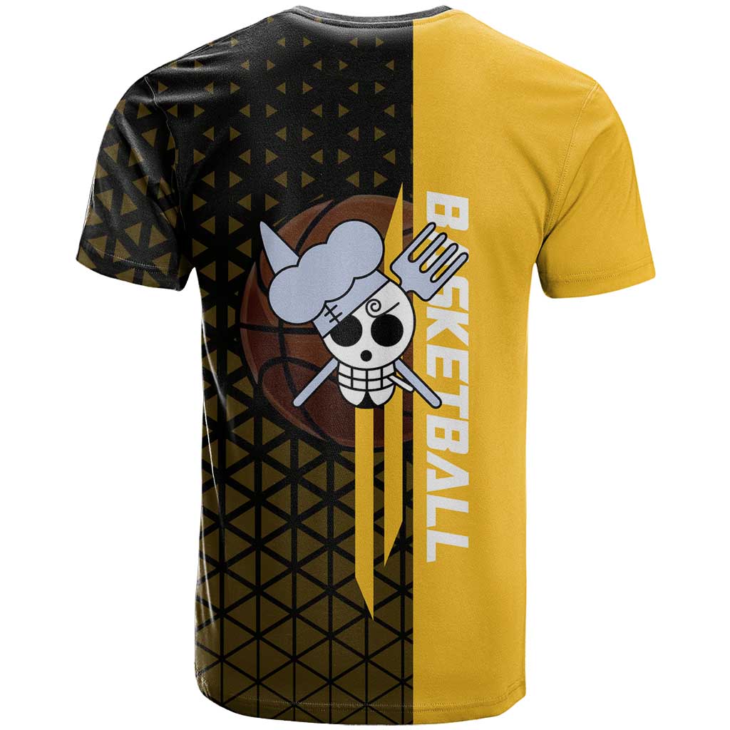Sanji One Piece Basketball Theme Yellow and Black Design T Shirt with Pirate Chef Logo and Jump Shot Pose - The Mazicc