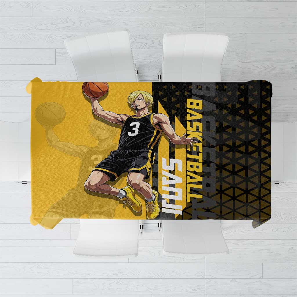 Sanji One Piece Basketball Theme Yellow and Black Design Tablecloth with Pirate Chef Logo and Jump Shot Pose - The Mazicc