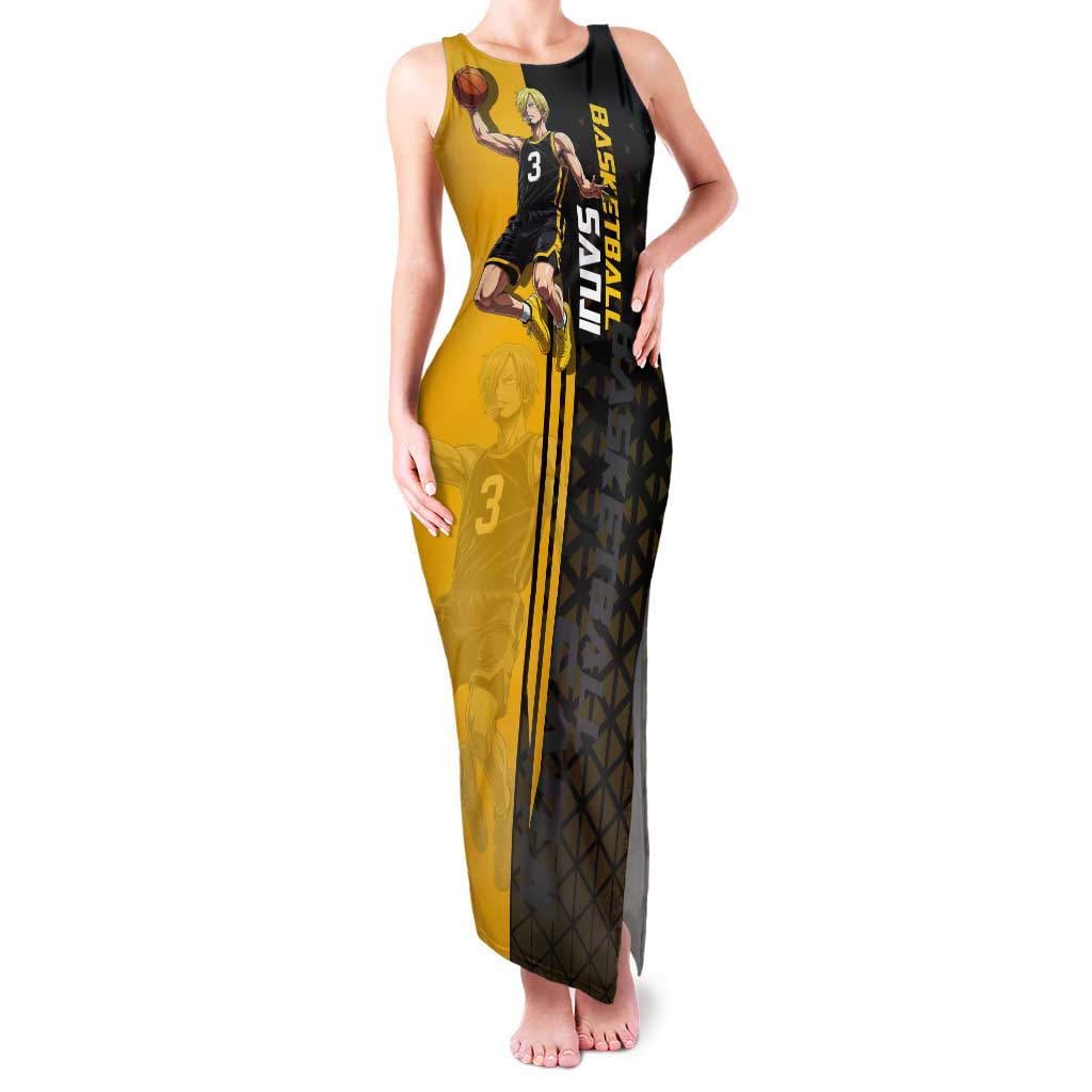 Sanji One Piece Basketball Theme Yellow and Black Design Tank Maxi Dress with Pirate Chef Logo and Jump Shot Pose - The Mazicc