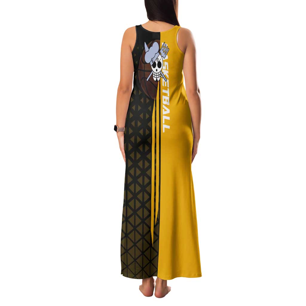 Sanji One Piece Basketball Theme Yellow and Black Design Tank Maxi Dress with Pirate Chef Logo and Jump Shot Pose - The Mazicc