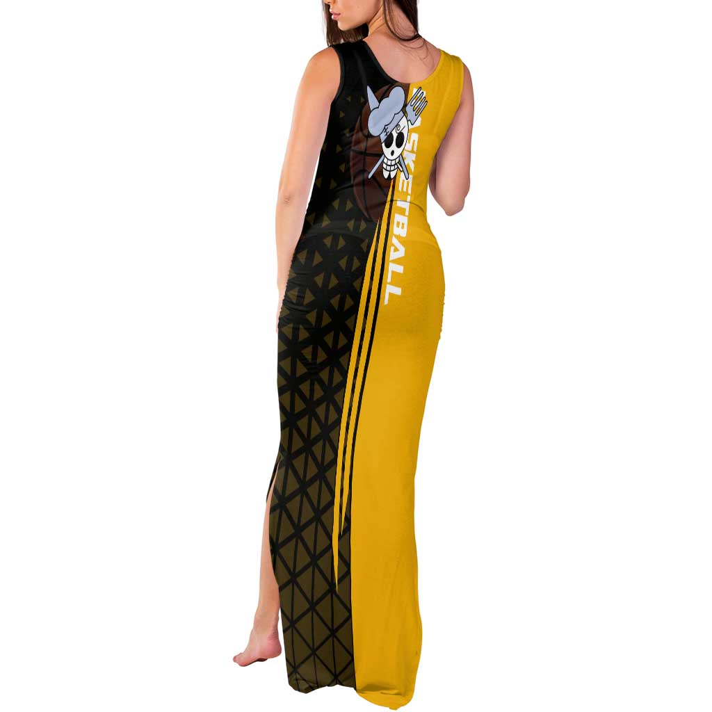 Sanji One Piece Basketball Theme Yellow and Black Design Tank Maxi Dress with Pirate Chef Logo and Jump Shot Pose - The Mazicc