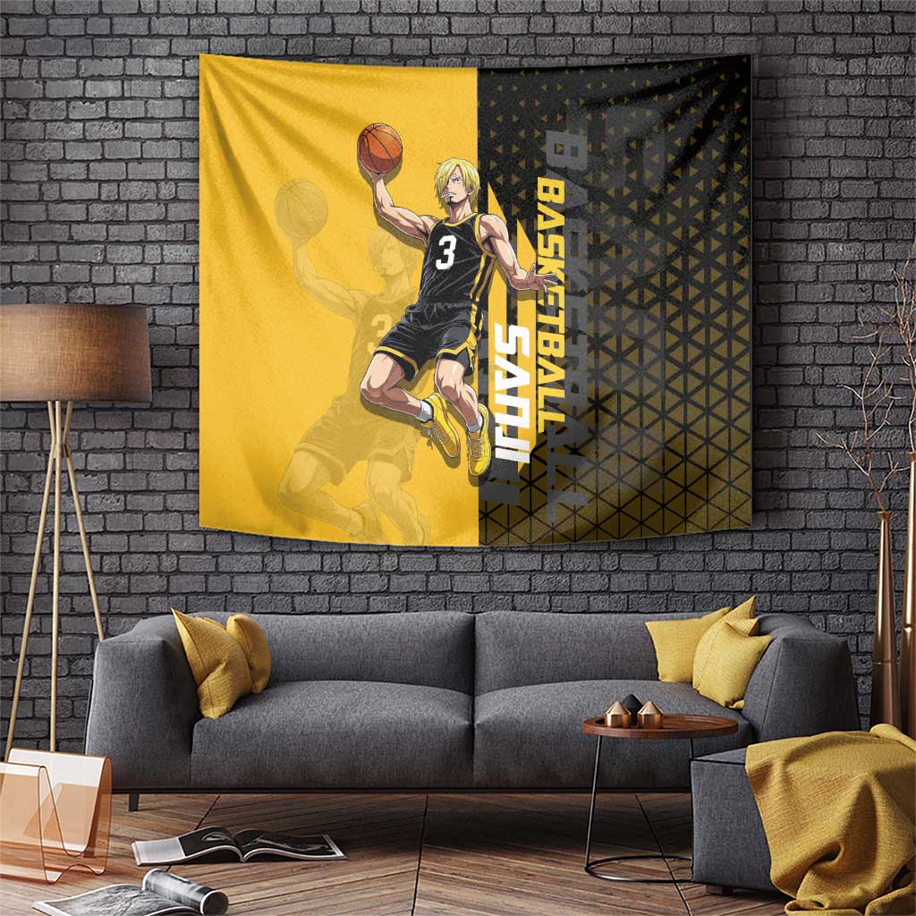 Sanji One Piece Basketball Theme Yellow and Black Design Tapestry with Pirate Chef Logo and Jump Shot Pose - The Mazicc