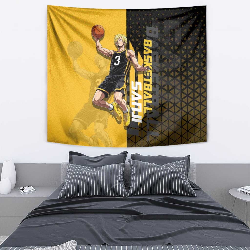 Sanji One Piece Basketball Theme Yellow and Black Design Tapestry with Pirate Chef Logo and Jump Shot Pose - The Mazicc