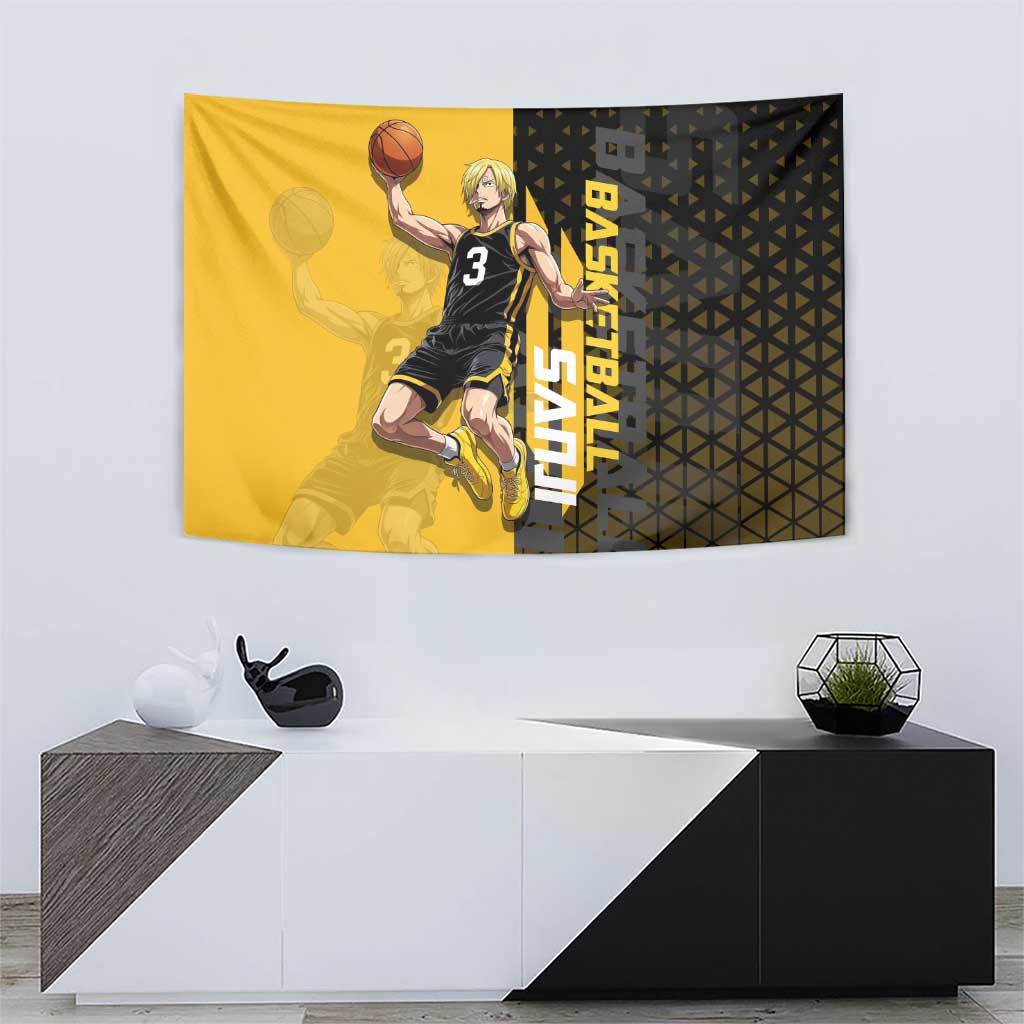 Sanji One Piece Basketball Theme Yellow and Black Design Tapestry with Pirate Chef Logo and Jump Shot Pose - The Mazicc