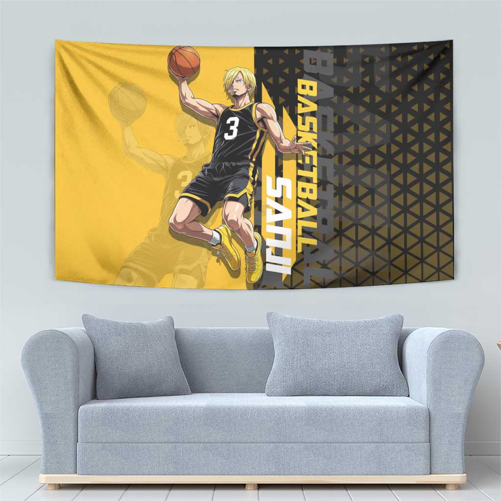 Sanji One Piece Basketball Theme Yellow and Black Design Tapestry with Pirate Chef Logo and Jump Shot Pose - The Mazicc
