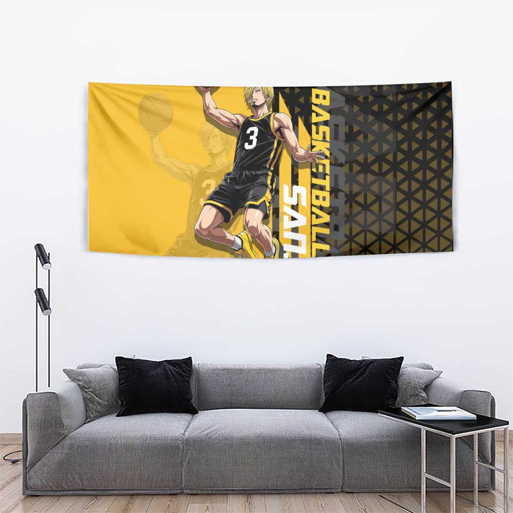 Sanji One Piece Basketball Theme Yellow and Black Design Tapestry with Pirate Chef Logo and Jump Shot Pose - The Mazicc