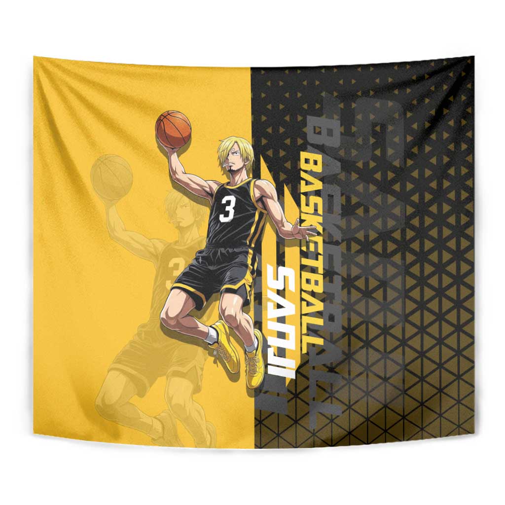 Sanji One Piece Basketball Theme Yellow and Black Design Tapestry with Pirate Chef Logo and Jump Shot Pose - The Mazicc