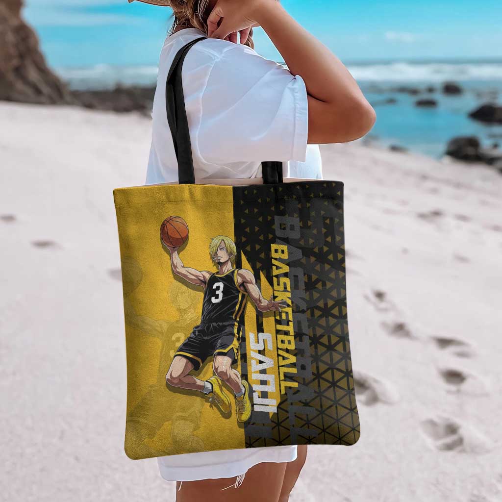 Sanji One Piece Basketball Theme Yellow and Black Design Tote Bag with Pirate Chef Logo and Jump Shot Pose - The Mazicc