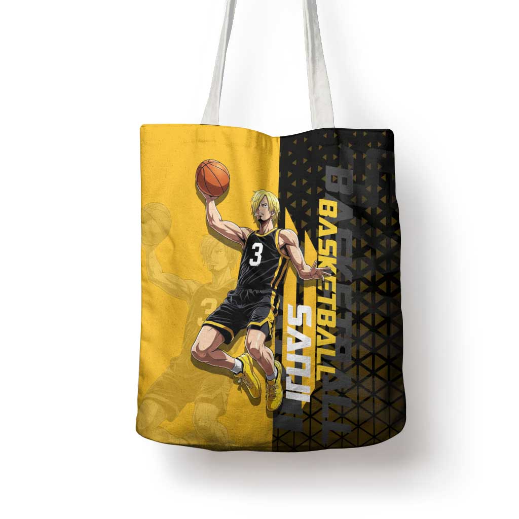 Sanji One Piece Basketball Theme Yellow and Black Design Tote Bag with Pirate Chef Logo and Jump Shot Pose - The Mazicc