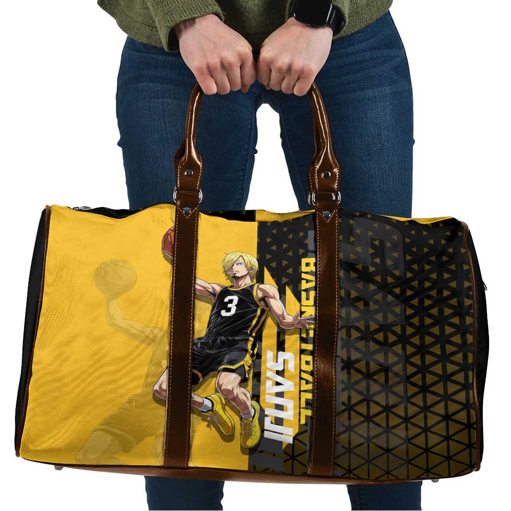 Sanji One Piece Basketball Theme Yellow and Black Design Travel Bag with Pirate Chef Logo and Jump Shot Pose - The Mazicc