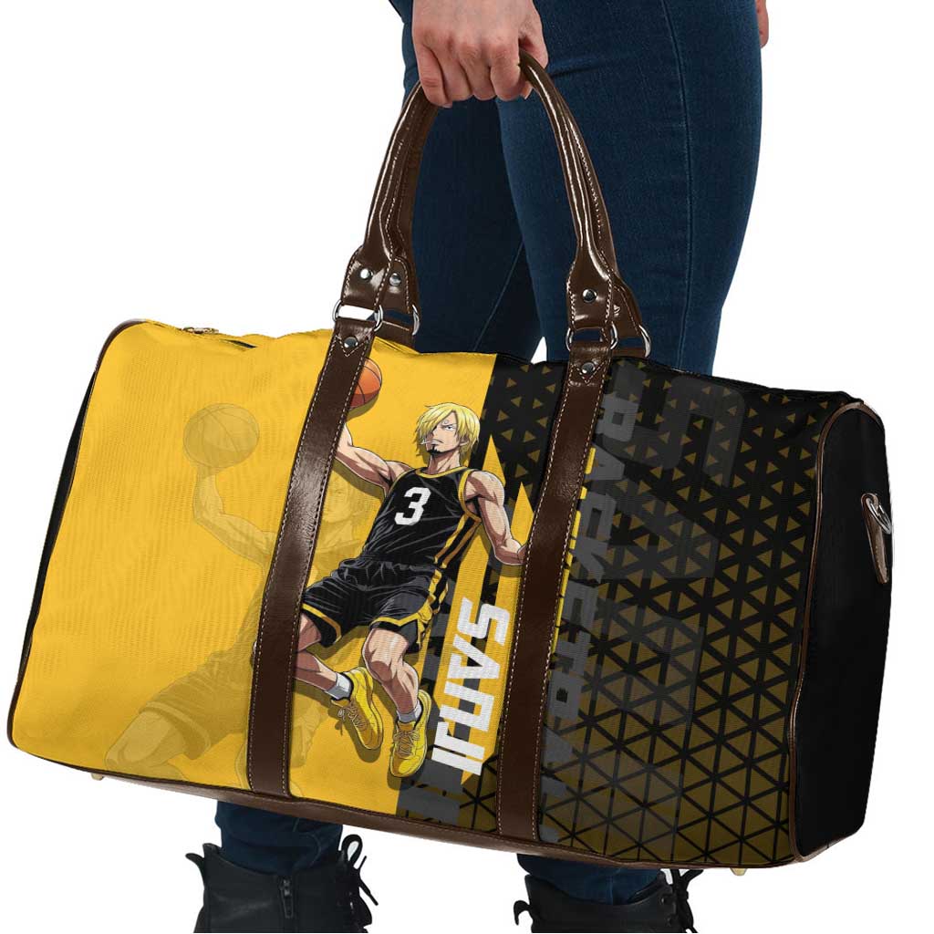 Sanji One Piece Basketball Theme Yellow and Black Design Travel Bag with Pirate Chef Logo and Jump Shot Pose - The Mazicc