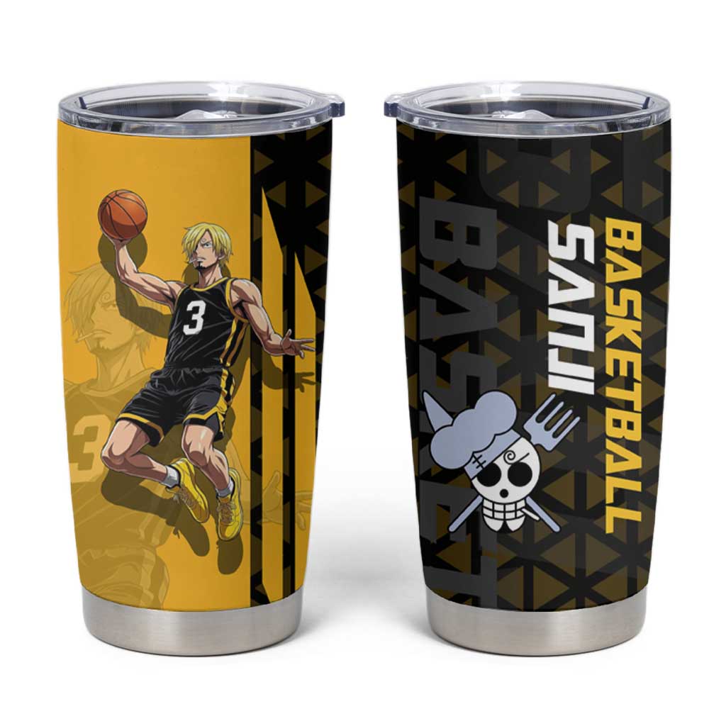 Sanji One Piece Basketball Theme Yellow and Black Design Tumbler Cup with Pirate Chef Logo and Jump Shot Pose - The Mazicc