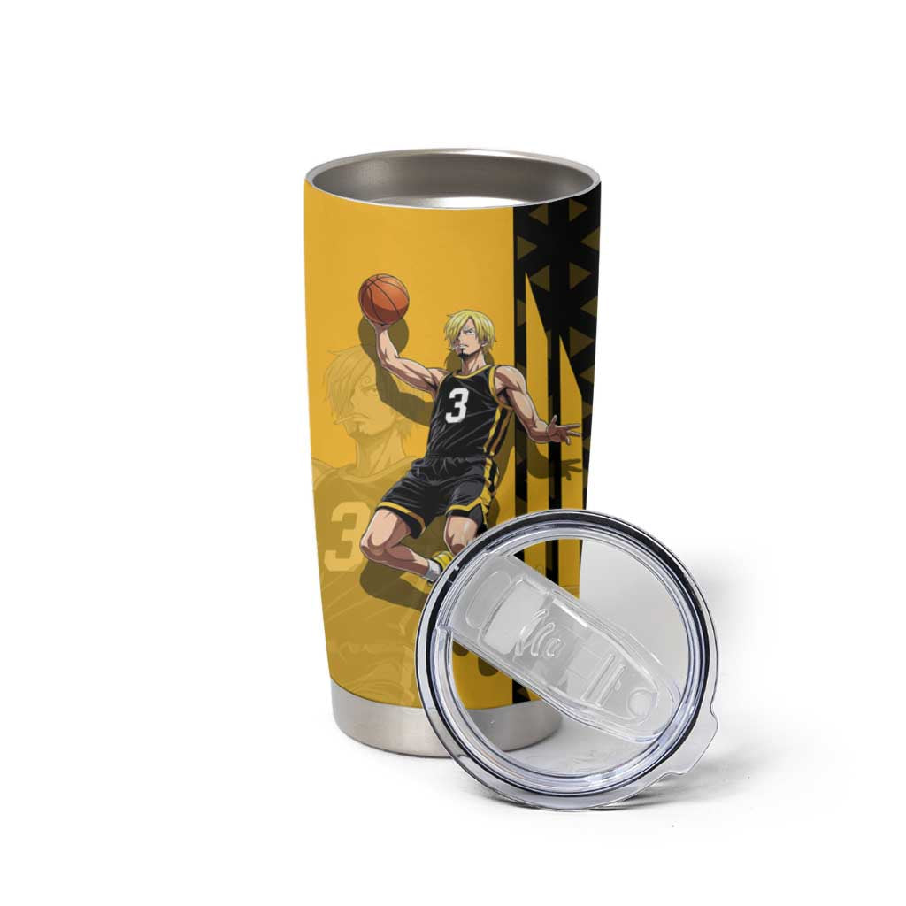 Sanji One Piece Basketball Theme Yellow and Black Design Tumbler Cup with Pirate Chef Logo and Jump Shot Pose - The Mazicc